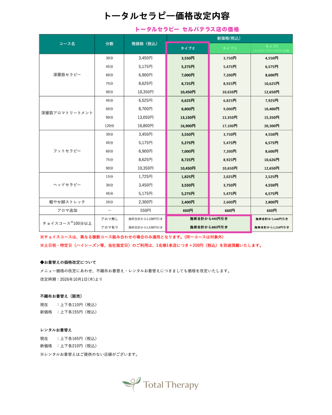 トータルセラピー『価格改定について』